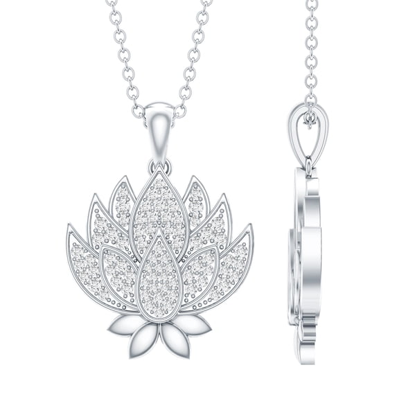 Rosec Jewels Natural Diamond Lotus Flower Pendant Necklace for Women (HI-SI Quality) - with Chain - Jewelry Box Included, 925 Sterling Silver