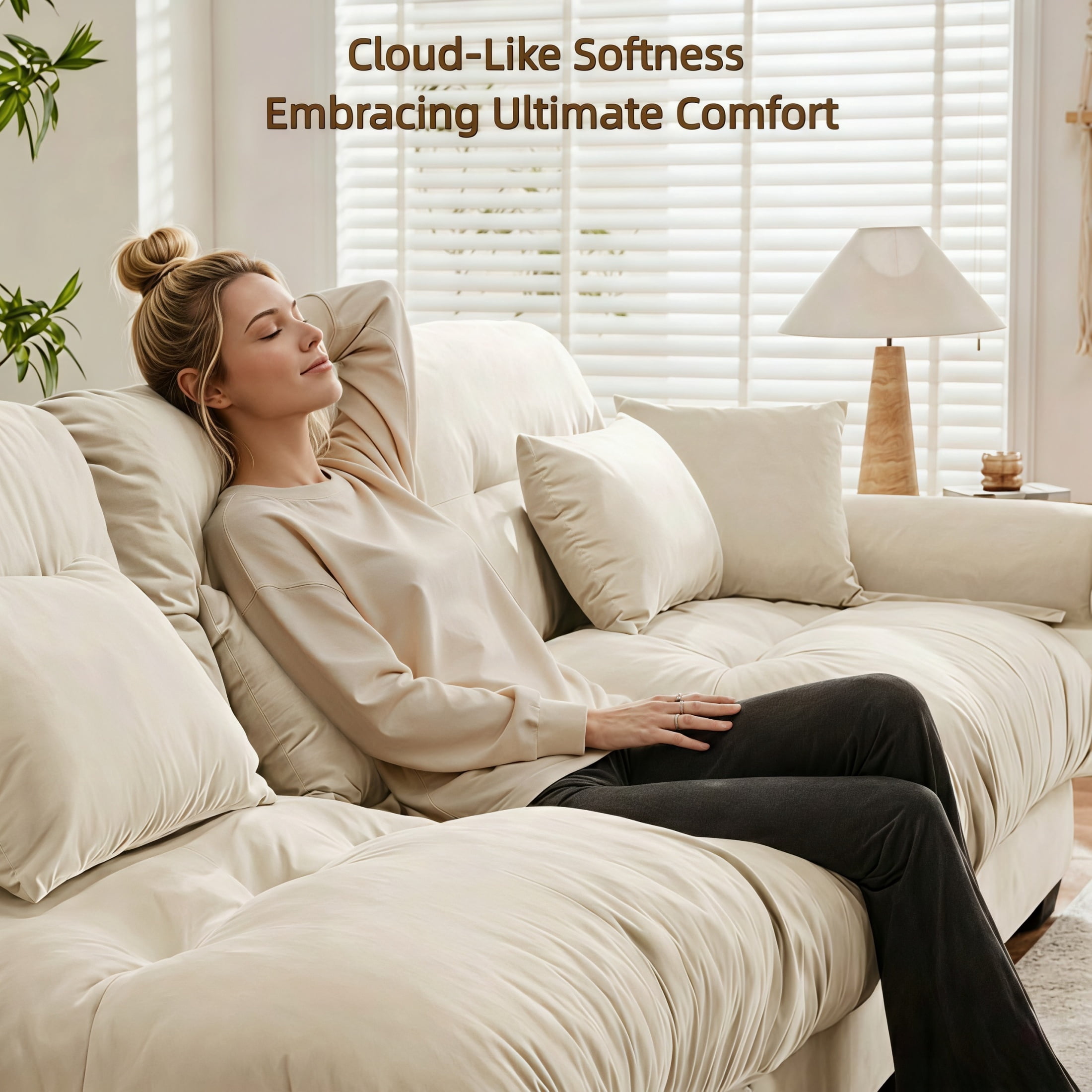 Amuille 93.7" Modular Sectional Sofa Velvet L Shaped Cloud Couch, 2-Seat Deep Seat Sofa for Living Room, with 4 Pillows, Cream