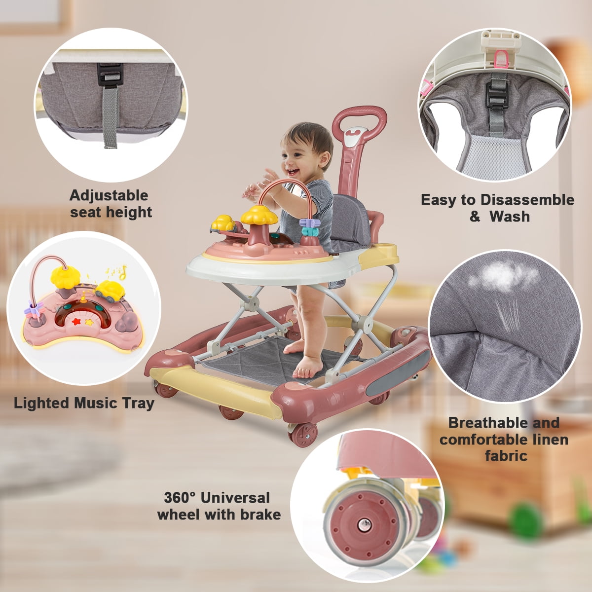 FACNOATIHN 5-in-1 Baby Walker, Musical Activity Push Walker with Detachable Awning Footrest, Adjustable Height, Pink
