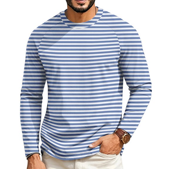 Dwelliawo Striped Long Sleeved T-Shirt for Men Spring Casual T-Shirt for Men Retro Autumn Pullover Stripe tee Shirt Blue S