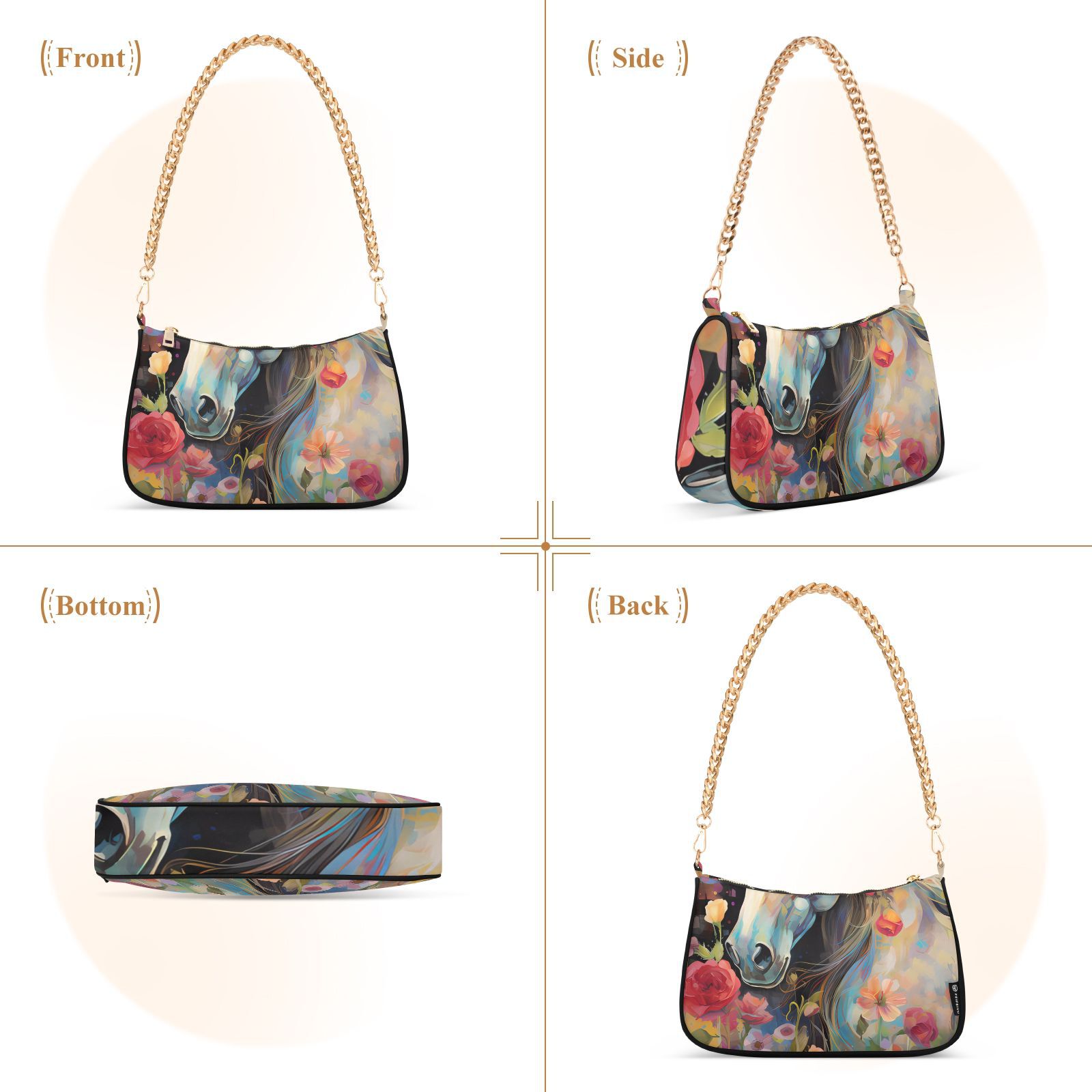 White Horse in Flowers FloralWomen Small Shoulder Bag Crossbody Tote Hobo Bags Purse Clutch Handbags with Chain Strap for Women