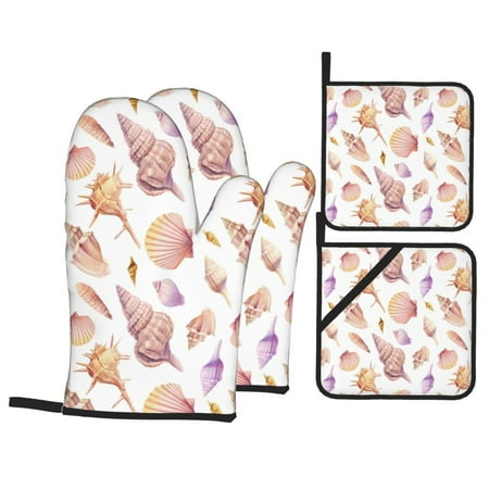 

Oven Mitts and Pot Holders Sets 4 pcs - Conch Shell No.J913 Heat Resistant Silicone Oven Gloves with Non-Slip Silicone Surface and hot pads for kitchen Baking Cooking BBQ