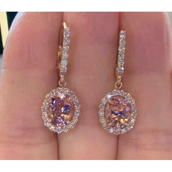 OM JEWELS 2Ct Oval Cut Lab Created Morganite Women's Drop Dangle Earrings 14K Rose Gold Plated