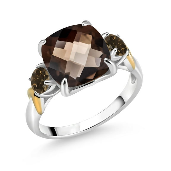 Gem Stone King 925 Silver and 10K Yellow Gold Brown Smoky Quartz 3 Stone Ring for Women (4.37 Cttw, Gemstone Birthstone, Cushion Checkerboard 10MM, Round 4MM, Size 5)