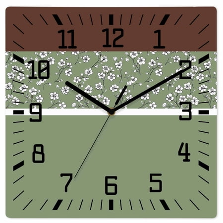 Wall Clock Sage Green Brown Floral Operated Square Clocks Wooden Silent Non-Ticking Wallclock 10 Inch Stitching Art Wood Wall Clock for Living Room Bedroom Office Shool Home Decor