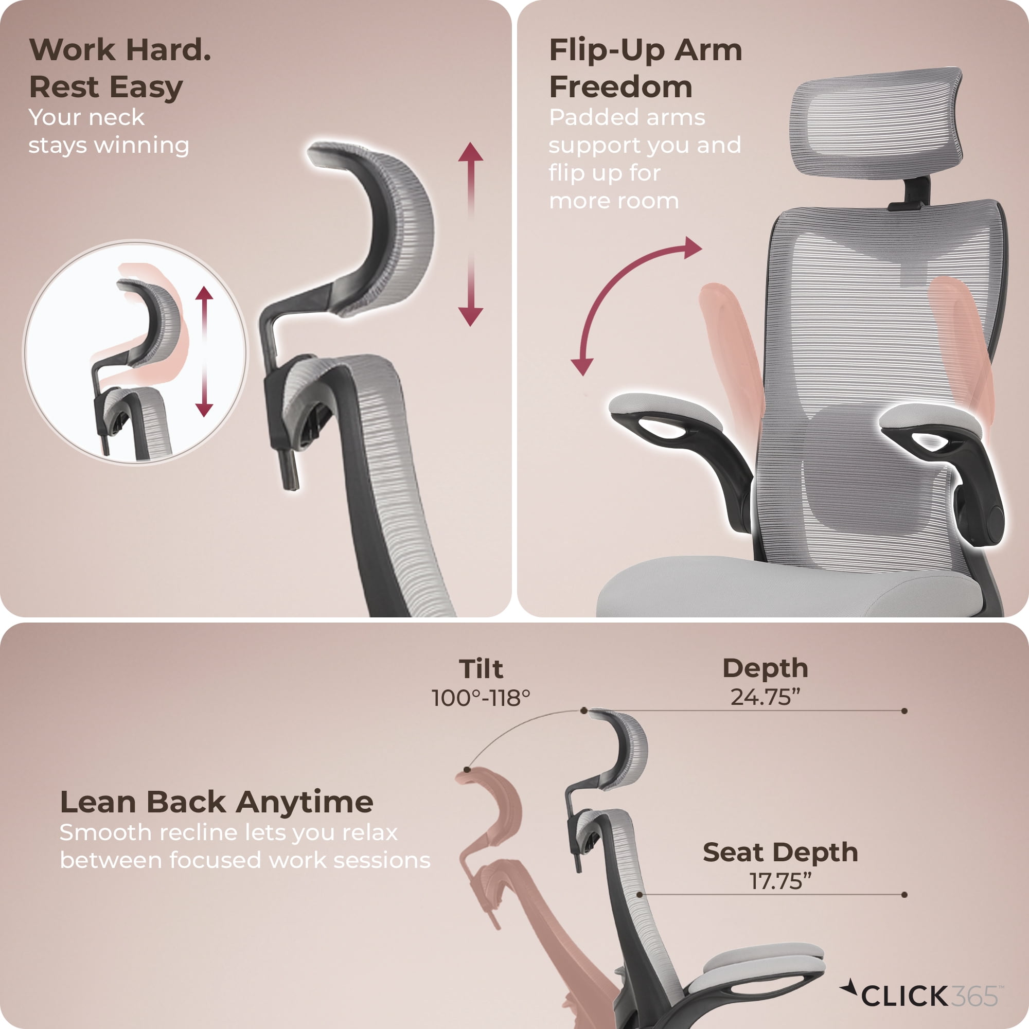 Click365 Adult Mesh High Back Indoor Commercial Ergonomic and Adjustable Headrest Office Chairs Hardware Kit, Gray