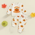thumbnail image 2 of TOWED22 Toddler Baby Boy Girl Halloween Outfit Pumpkin Ghost Embroidery Stripe Long Sleeve Waffle Sweatshirt and Pants Set,Beige,2-3 Y, 2 of 4