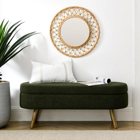 ECLYL Oval Storage Bench 43.5"" Linen Fabric Upholstered Entryway Bench with Solid Wood Legs Ottoman Bench Indoor Bench for Living Room/Bedroom/End of Bed/Entryway (Dark Green)