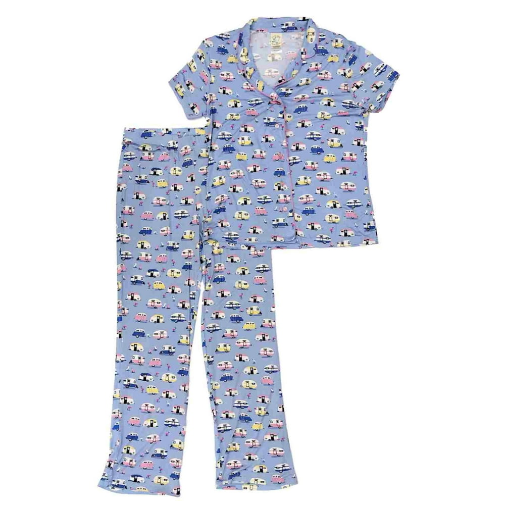 Munki Munki Womens Lightweight Blue RV Camper Pajamas Pink Flamingo