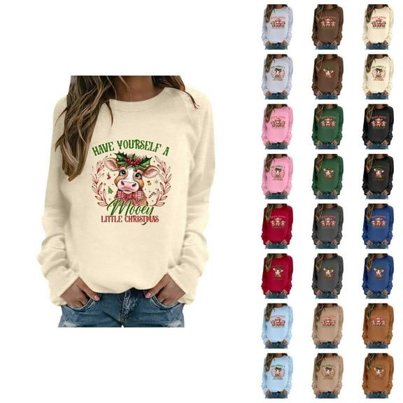 Christmas Sweatshirts for Women 2025 Have Yourself A Mooey Little Christmas Highland Cow Graphic Sweatshirt Pullover Tops