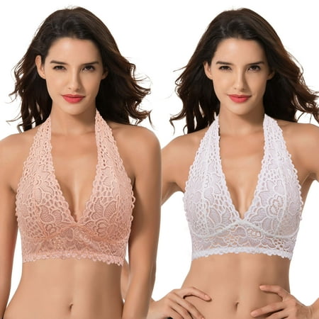 

Curve Muse Plunge Bralette with Floral Lace-2pack-PEACH WHITE-L