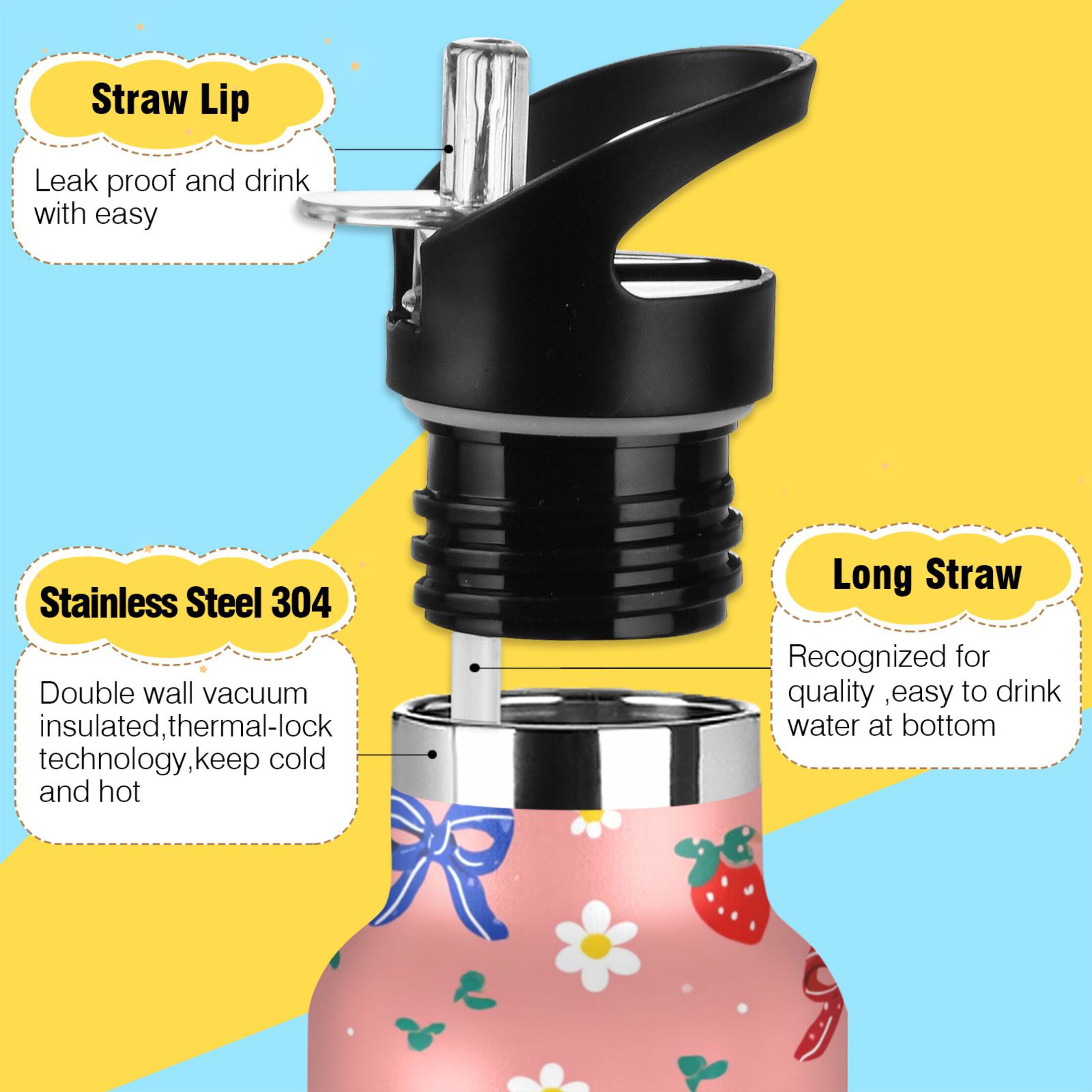 Kids Insulated Stainless Steel Sports Water Bottle 600ml (20oz) Bows and Strawberries Pattern