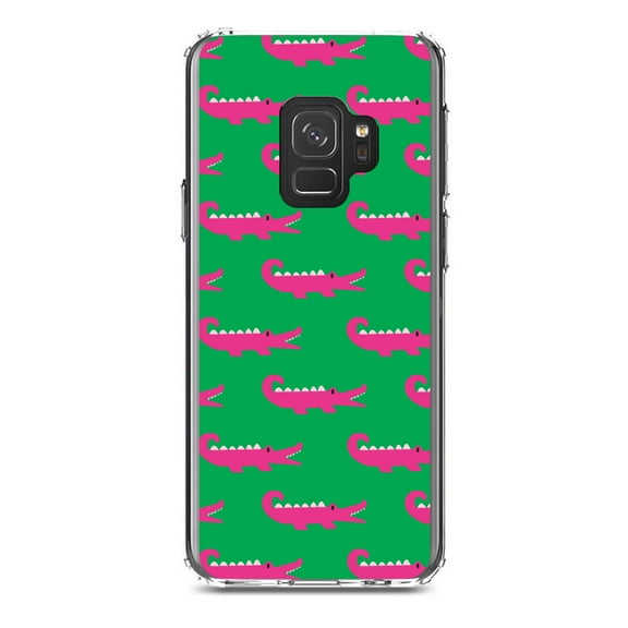 DistinctInk Clear Shockproof Hybrid Case for Samsung Galaxy S9 (5.8" Screen) - TPU Bumper, Acrylic Back, Tempered Glass Screen Protector - Green Pink Alligators - Cartoon Alligators