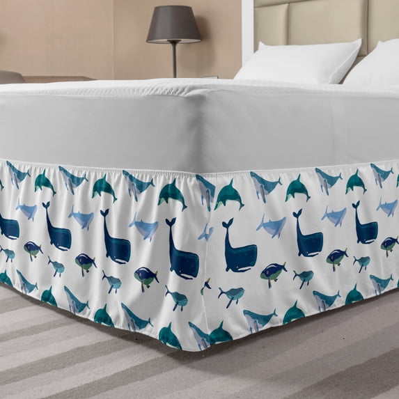 Whale Bed Skirt, Different Types of Swimming Marine Characters in Hand Drawn Style Nautical, Elastic Bedskirt Dust Ruffle Wrap Around for Bedding Decor, 4 Sizes, Teal Dark Blue White, by Ambesonne