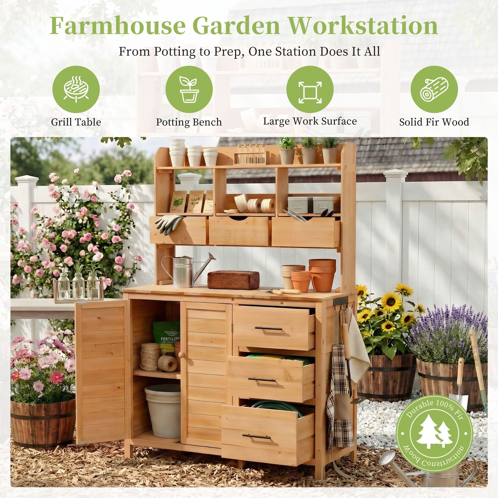 Sailvan 65" Solid Wood Patio Kitchen Island & Garden Potting Bench,Outdoor Grill Prep Station with 6 Drawers,Storage Cabinet and Hutch Natural Wood