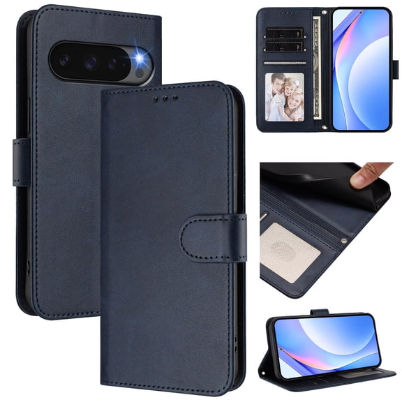 Wallet Case For Google Pixel 10 /10 Pro, RFID Blocking Credit Card Holder,Premium PU Leather Folio Magnetic Closure Flip Kickstand Function with Hand Strap Shockproof Cover Women Men,Darkblue