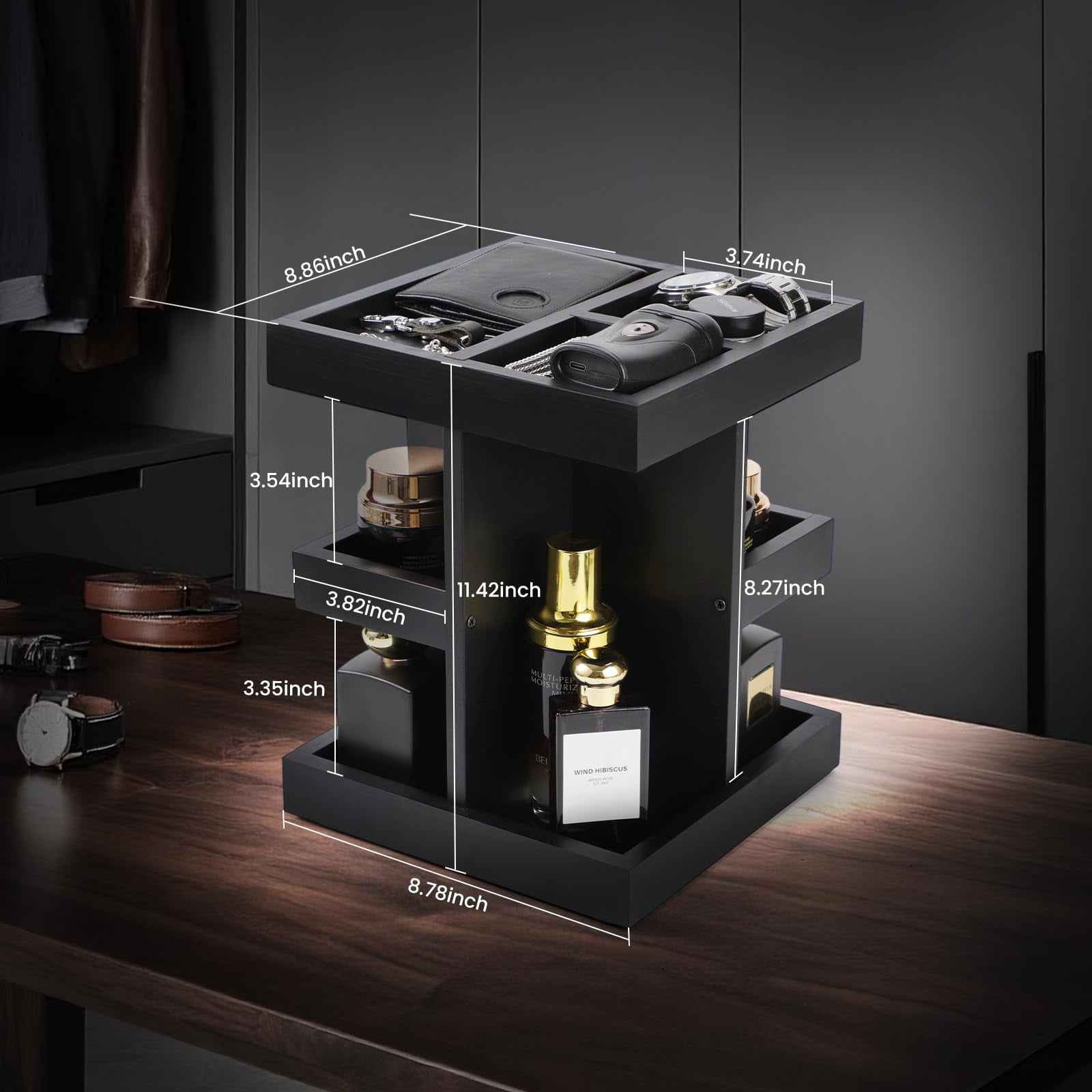 Cologne Organizer for Men, 3 Tier Rotating Perfume Organizer with Wood Display Shelf and Non Slip Base