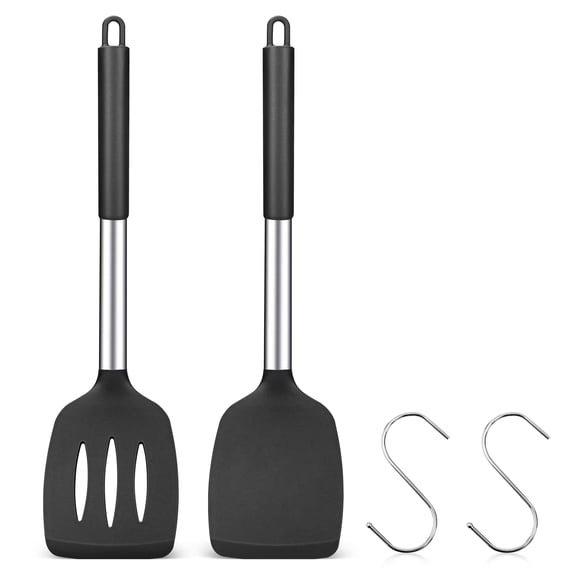 FZAZMLT 2 Pieces Silicone Spatula Sets, Non Stick Cooking Utensils,Slotted Kitchen Turners,Black