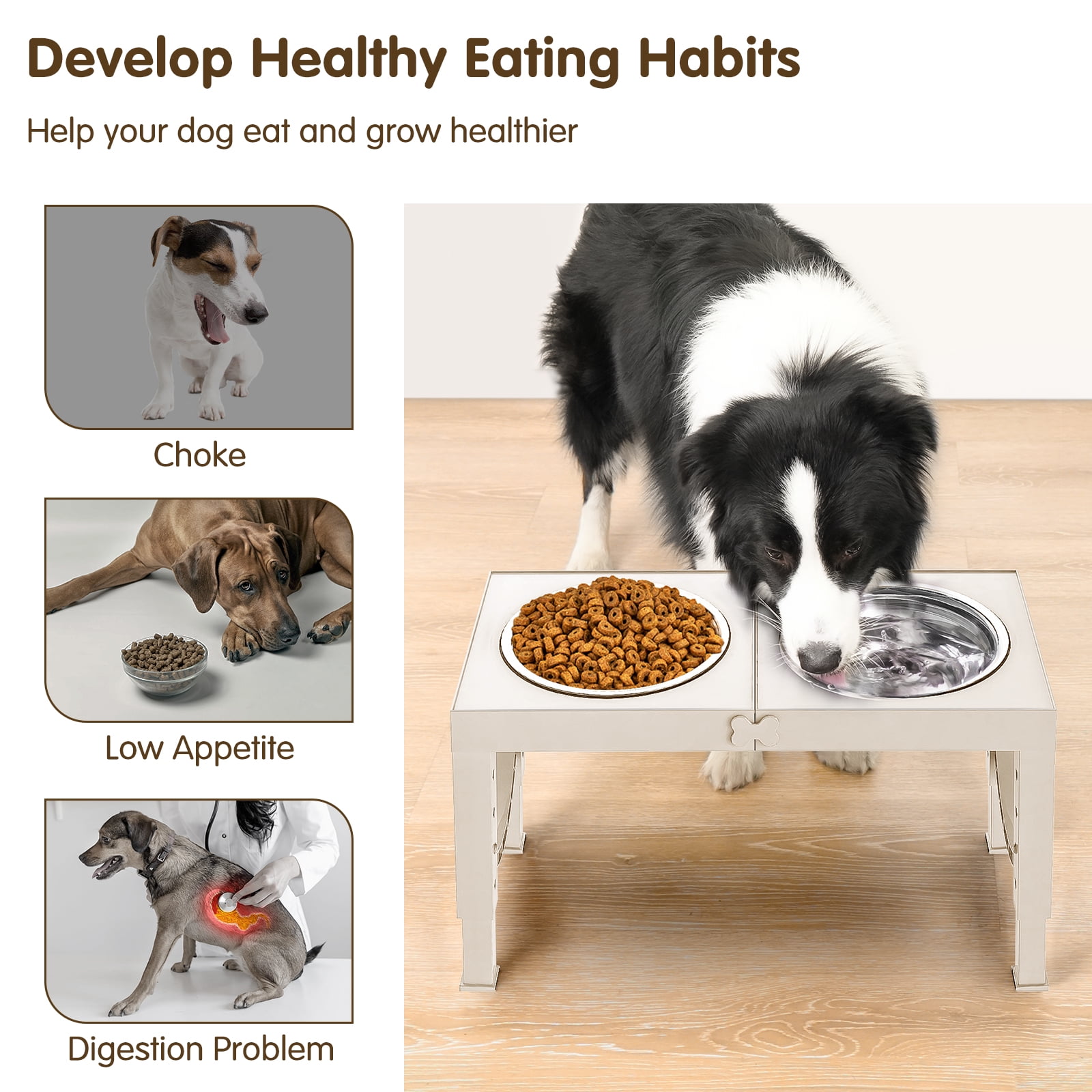 X XBEN Elevated Dog Bowls, 5 Heights Adjustable Dog Raised Bowl Stand with Two 1000ML Stainless Steel Dog Food and Water Bowls, Pet Bowl Holder to Protect Dogs Joints for Small Medium Large Dog,White