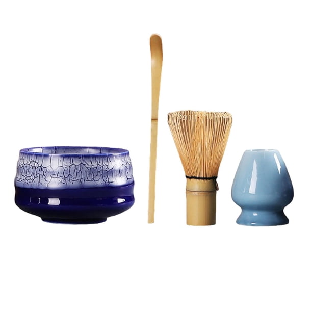 Juego de 4 batidores de matcha, juego completo de herramientas para hacer té con cuenco de matcha, kits de matcha de cerámica, batidor de matcha de taza de té azul