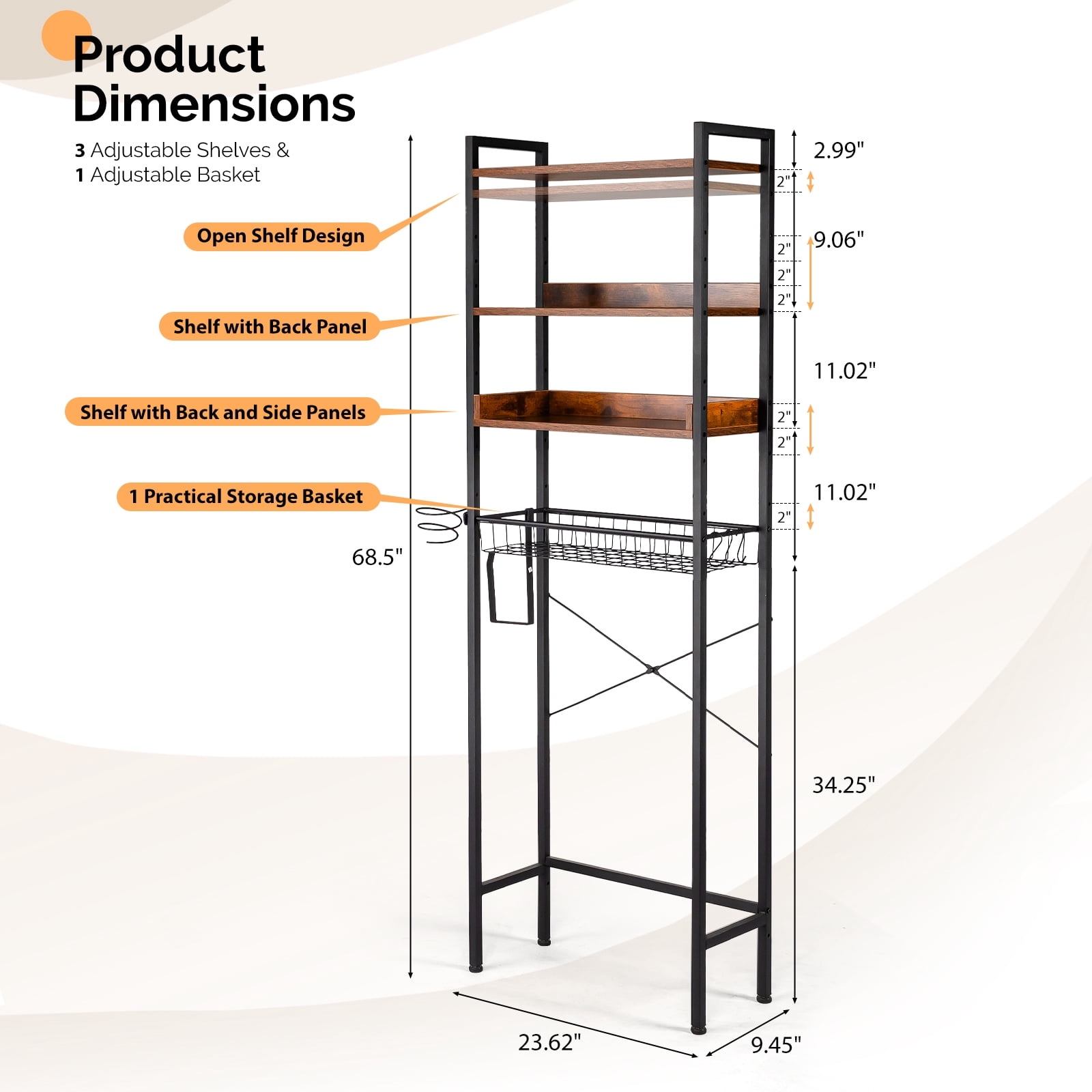 Ktaxon 3-Shelf Over The Toilet Bathroom Storage Rack and Shelf with with Wire Baskets, Tissue Hook and Hairdryer Holder, Rotten - wood