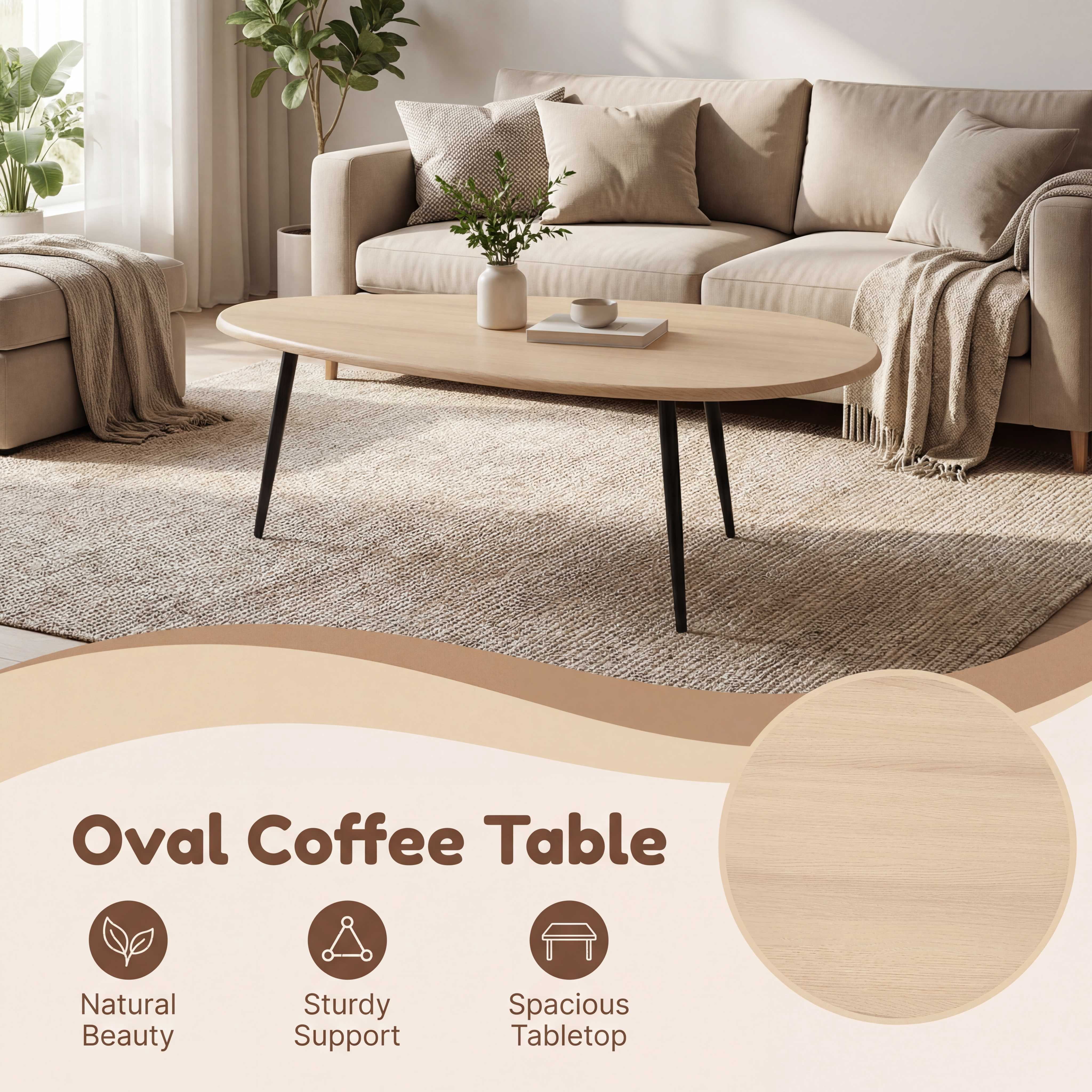 ELLEGNT Oval Coffee Table,Mid-Century Modern Center Table with Sturdy Metal Frame, Compact Retro Sofa Table for Living Room