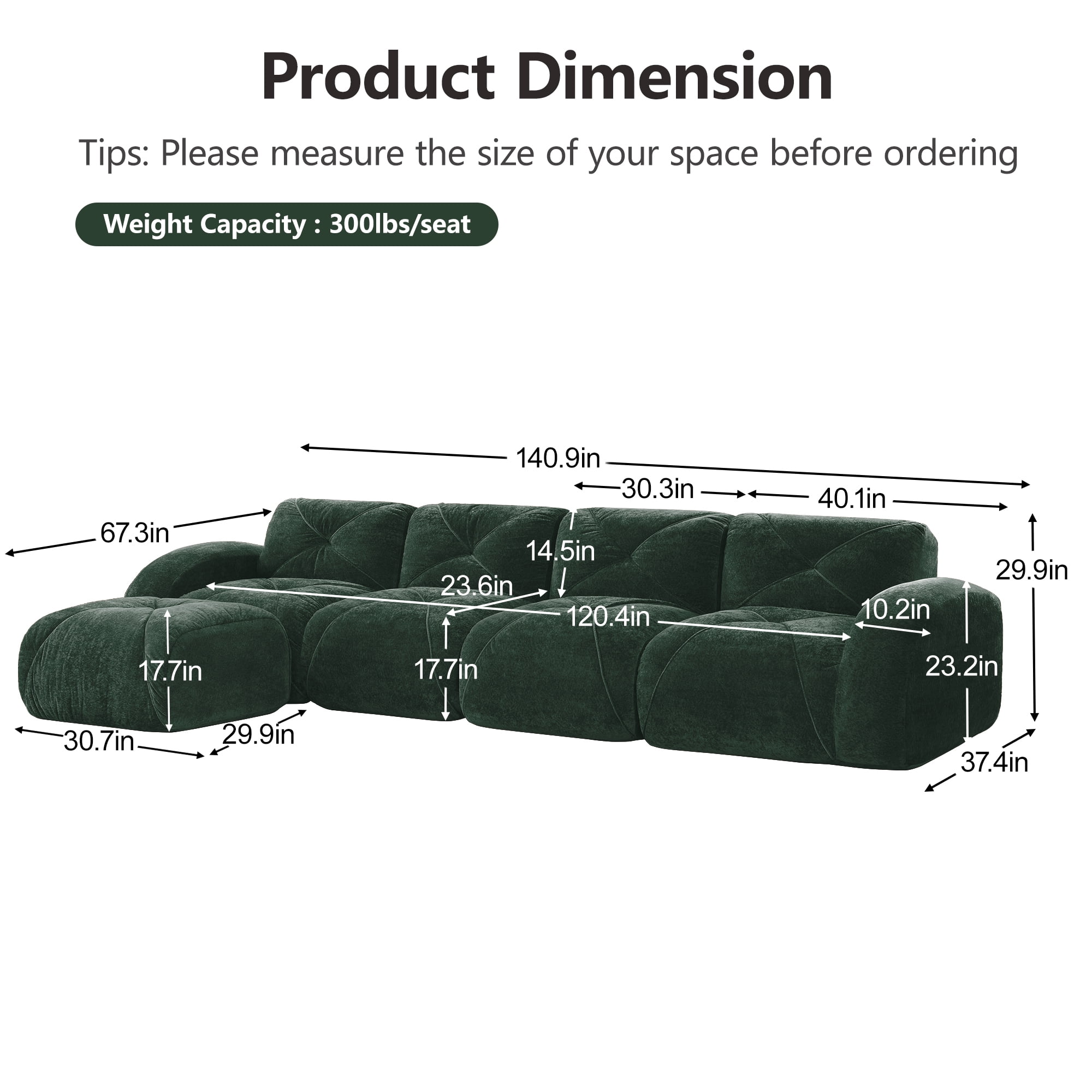 AISWORD 140" 4-Seat L-Shaped Modular Sectional with 1 Ottoman, Ultra-Soft Boneless Sectional with 32D High-Density Foam & Anti-Slip Bottom, No Assembly Required