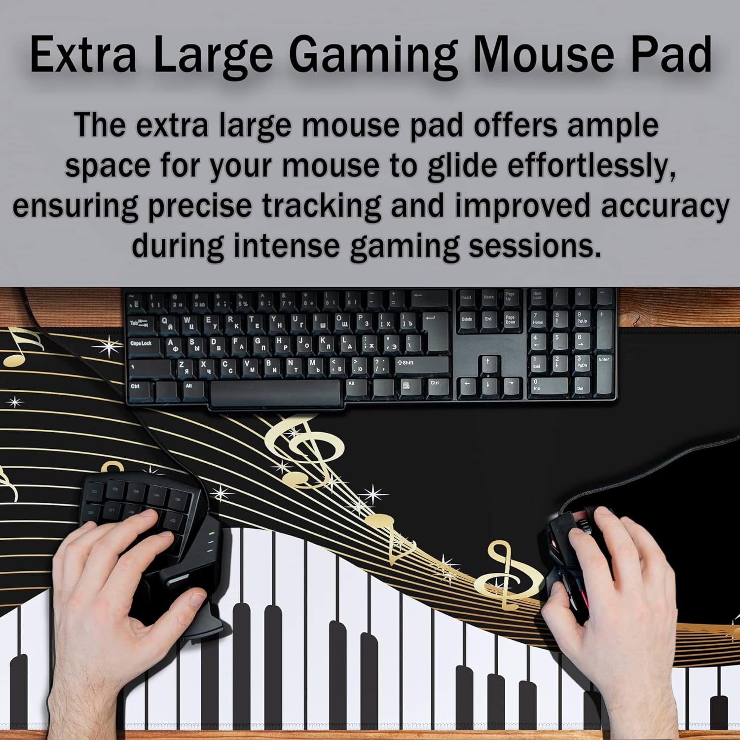 Large Mousepad Music Notes Keyboard Pad Large Gaming Mouse Pads XXL Mouse Pad Gaming Non-Slip Rubber Base 35.4 X 15.7 for Game Office, Black Piano Musical Instrument and Notes