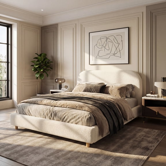 Queen Size Upholstered Bed with Boucle Fabric, Curved Thick Headboard, Solid Wood Legs, Platform Bed Frame with Wood Slats, No Box Spring Needed, White