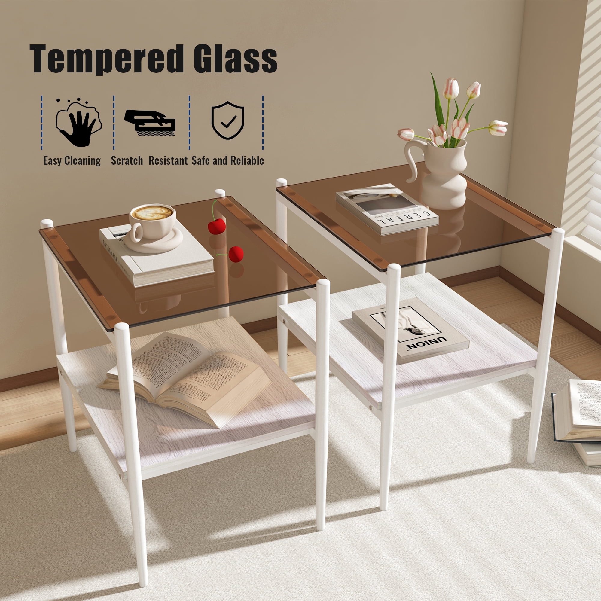 Euroco Set of 2 Rectangle End Table, Tempered Glass Tabletop with MDF layer, Modern Table for Living Room , Brown Glass