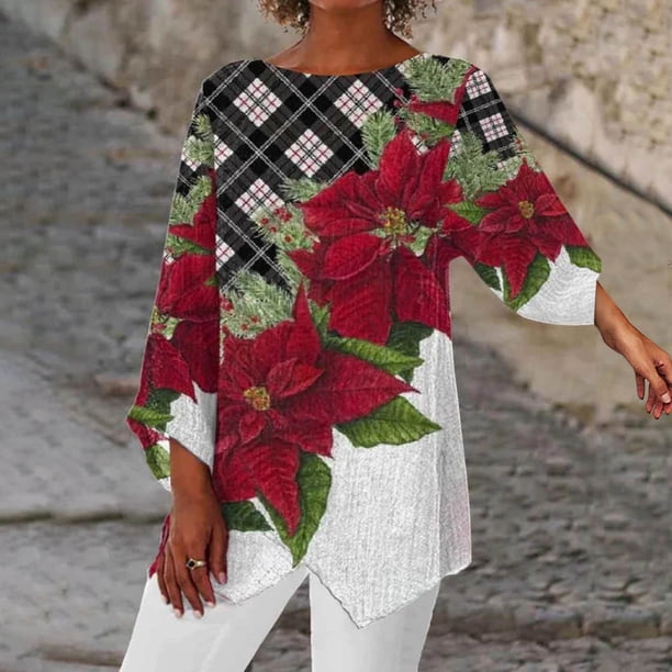 Pntutb Mujeres Otoño Europeo y Americano Nuevo Casual Suelto Con Cuello En V Dobladillo Irregular Estampado De Navidad Top De Manga Larga Pntutb Pntutb-4815