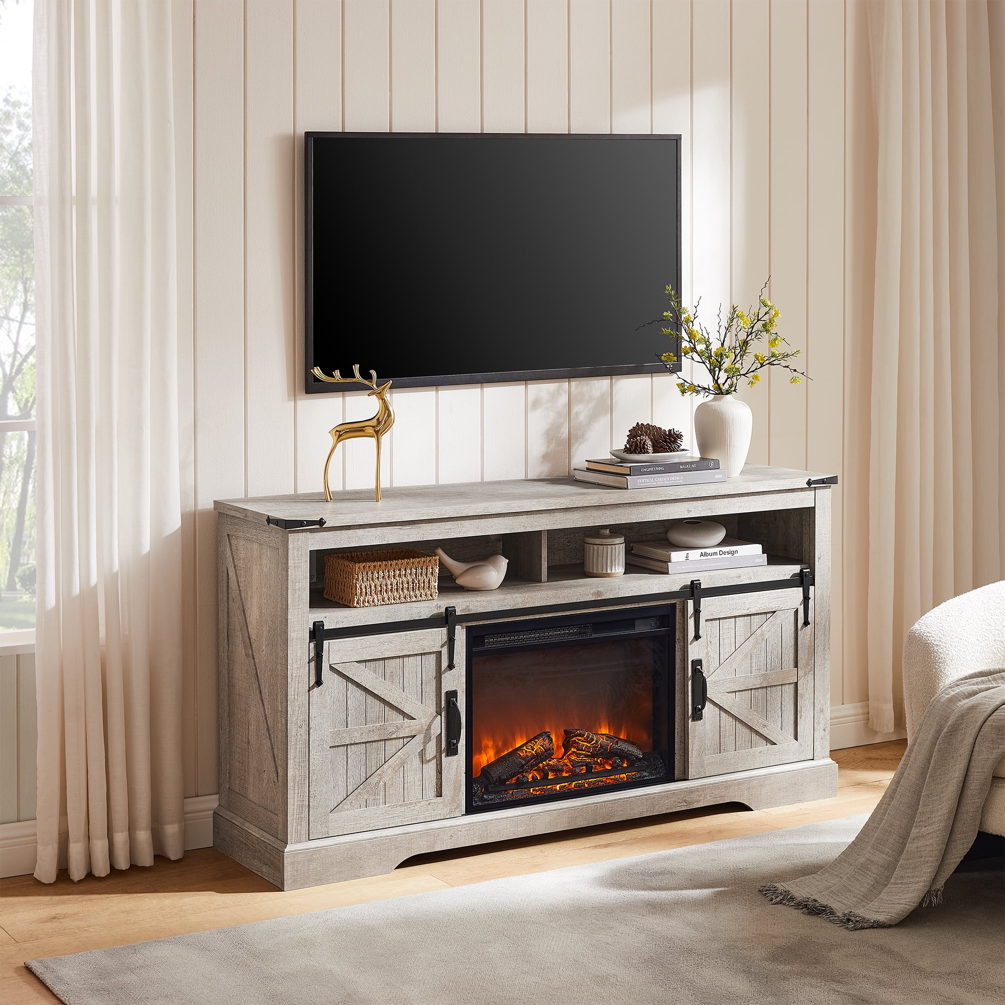 KeyWhat Farmhouse Fireplace TV Stand for TVs up to 70", 24" Electric Fireplace & Barn Door