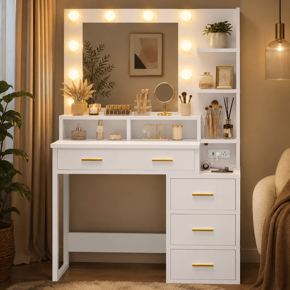 Tocador Vanity con Espejo LED, 3 Modos de Iluminación, 2 Cajones, 2 Puertos USB y Enchufes, Mesa de Maquillaje con Almacenamiento para Recámara, Blanco