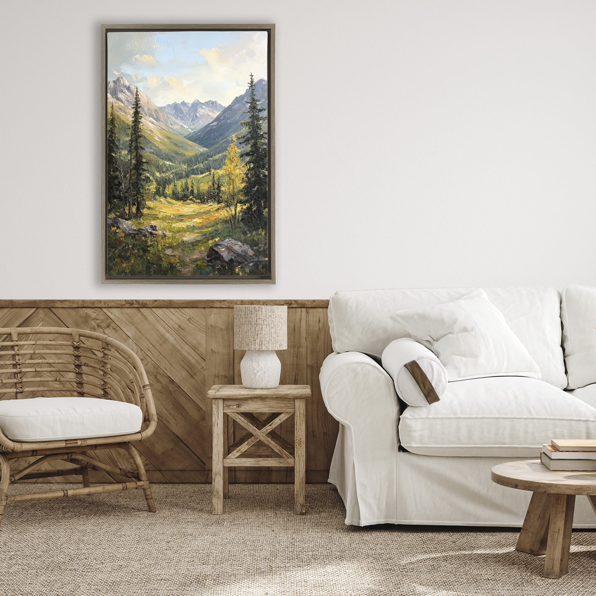 Stupell Industries Mountain Refuge in Golden Valley Brown Framed Floater Canvas Wall Art, design by Petal Prints Design