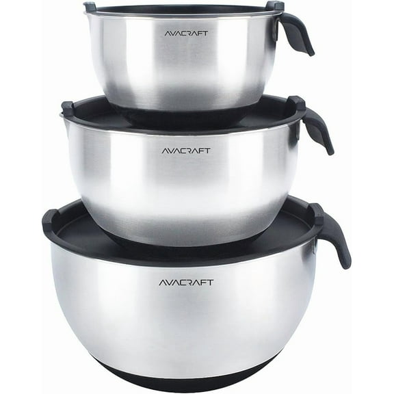 AVACRAFT 18/10 Stainless Steel Mixing Bowls with Lids, non slip silicone base bowls with Handle, Mixing Bowl Set with Pour Spouts & Measurement Marks, Home Essentials Cooking Bowls, (Black)