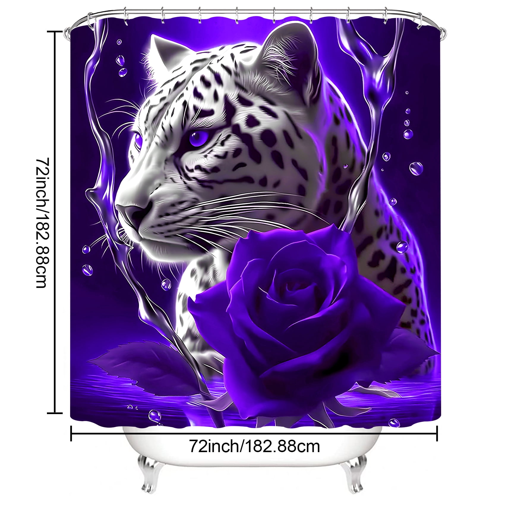 4PCS Purple Rose and Leopard Shower Curtain Bathroom Set with Non-Slip Rugs, Toilet Lid Cover and Bath Mat, Purple Bathroom Decor Set Accessories Shower Curtains with 12 Hooks, 72 x 72 Inch