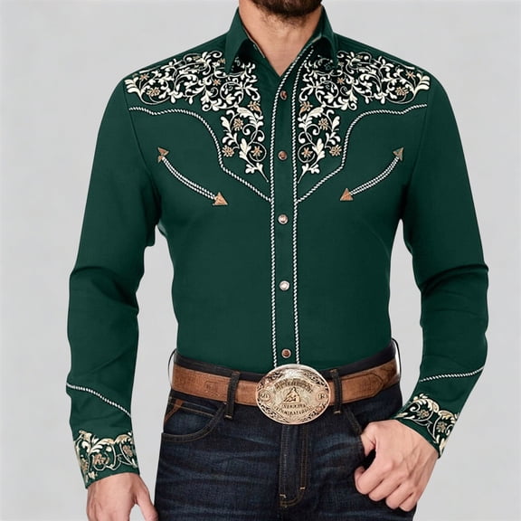 Conairie Western Shirts for Men Embroidered Cowboy Shirts Button Down Long Sleeve Shirt with Floral Design Army Green L
