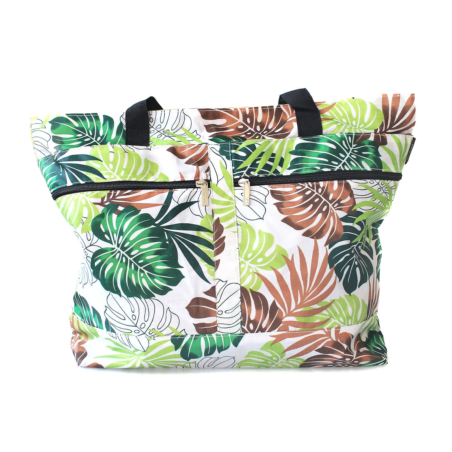 Hawaiian Print Double Zipper Tote Bag in Palm Leaves Two Tones in Green