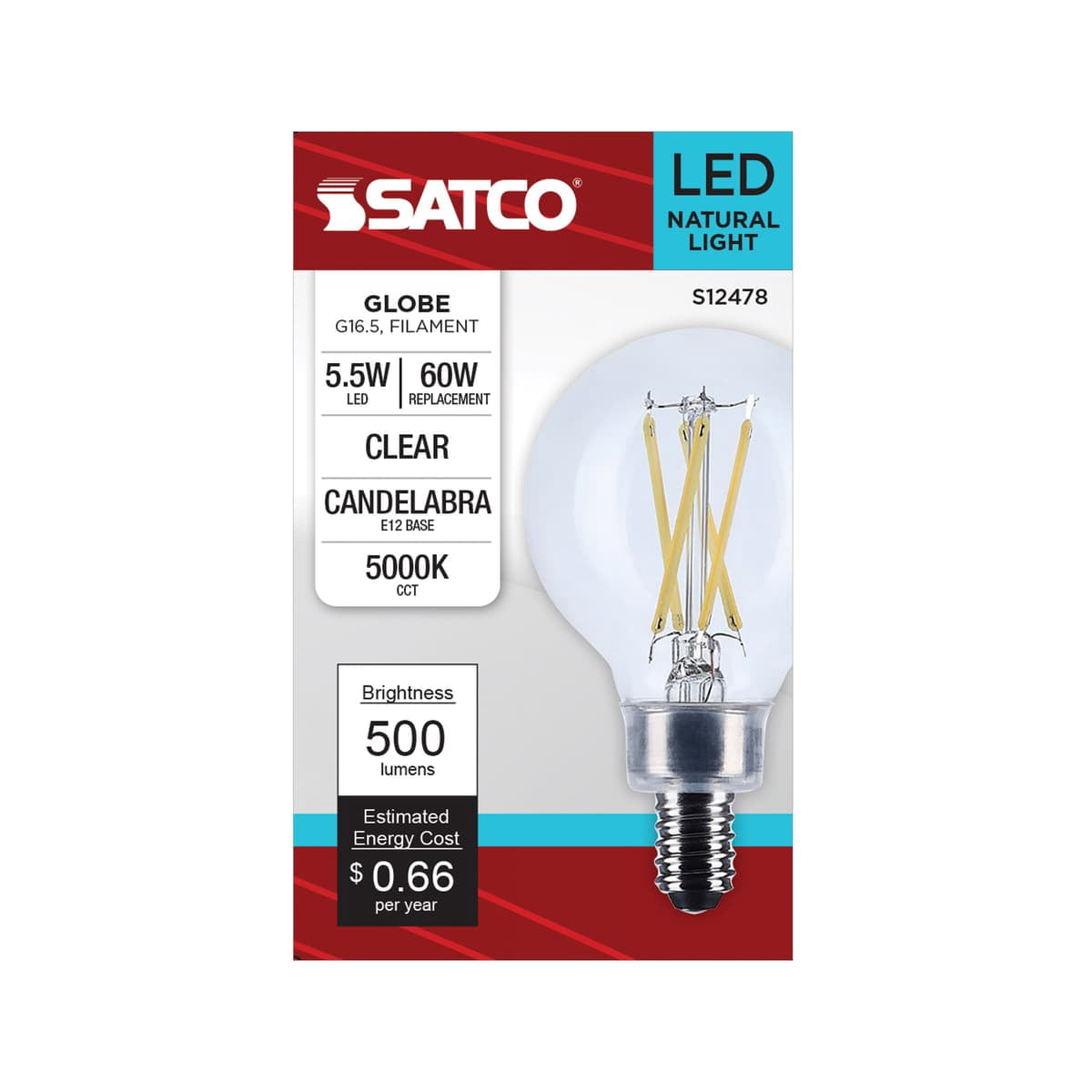 Satco S12478 G16.5 Globe LED Filament Light Bulbs 5.5W 120V 5000K 90+CRI E12 Candelabra Base Dimmable WET Location (6 Pack)