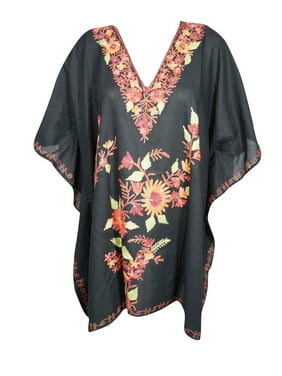 Mogul Womens Black Kaftan Dress Embellished Resort Wear Boho Chic Fall Caftan One Size