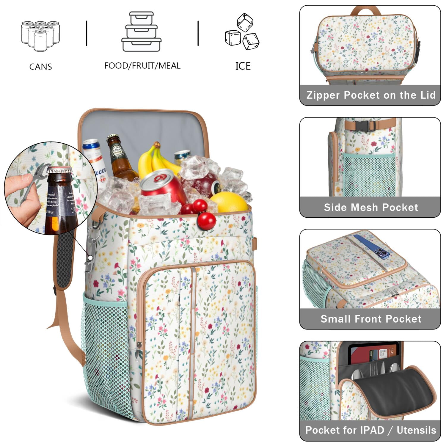 Travel Cooler Bag - Pioneer Flower Floral Print Pattern Camping Beer Cooler Backpack with Bottle Opener- Waterproof Insulated Picnic Backpacks - Cooler Bag for Beach