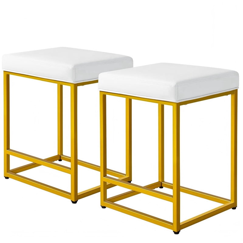 Lacoo  24" Upholstered Counter & Bar Stool with Footrest, Set of 2, Golden and White, PU leather