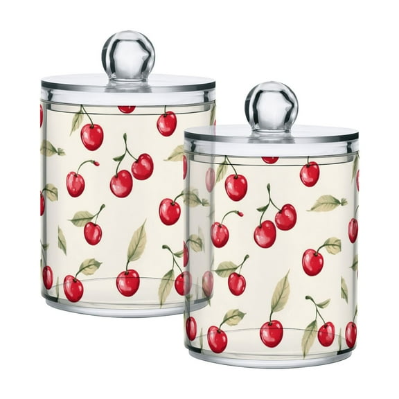 Yayeee 2 Pack Qtip Holder Bathroom Cotton Swab Canister with Lid Clear Dispenser Set, Red Cherry