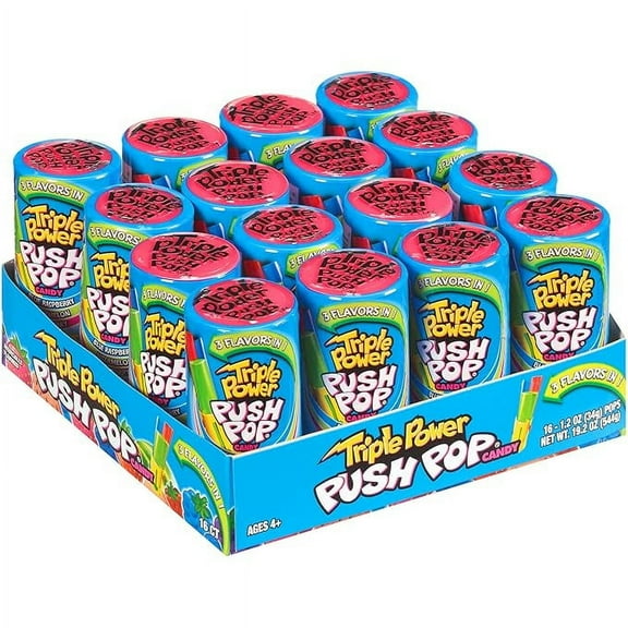 Push Pop Triple Power Three-in-One Individually Wrapped Bulk Lollipop Summer Variety Party Pack - 16 Count Lollipops in Assorted Fruity Flavors - Fun Candy for Summer Parties, Barbeques & 4th Of July