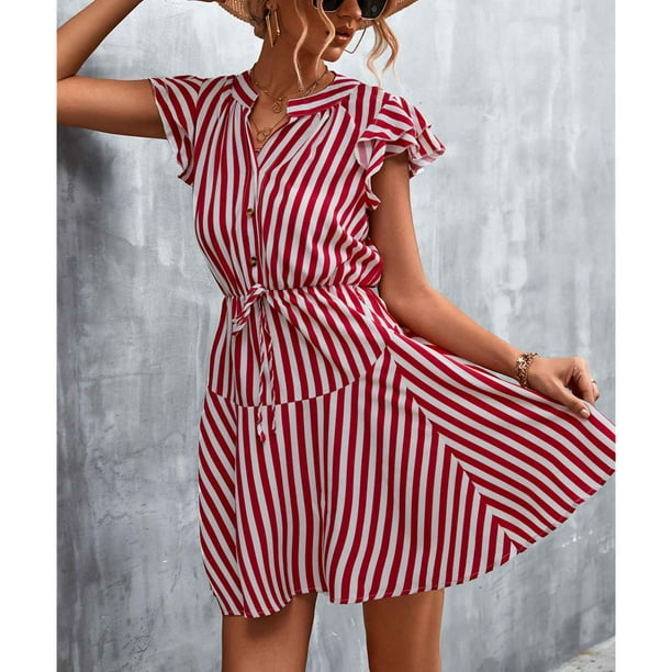 Ruffle Striped Dress, Button Tie Striped Dress Comfortable Fashionable  Polyester Fiber Front Placket Button Design High Waist For School For Women