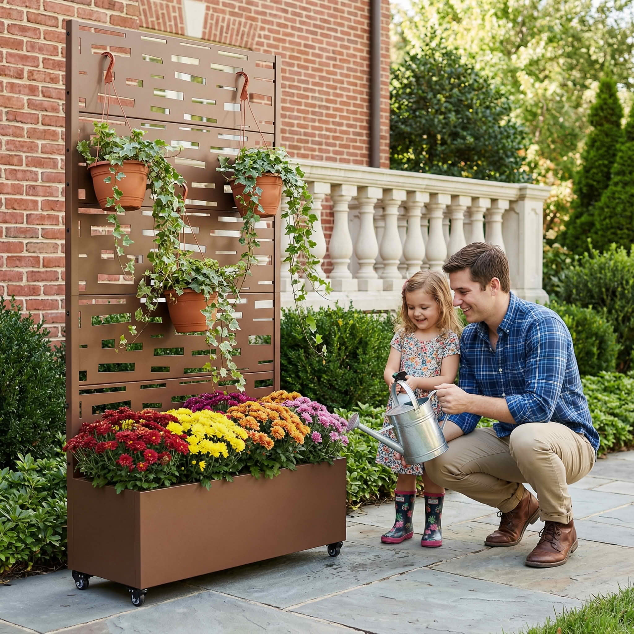 MAYEERTY 72X35" Metal Outdoor Brown Privacy Screen with Planter Box for Backyard & Garden, 5 Piece Set