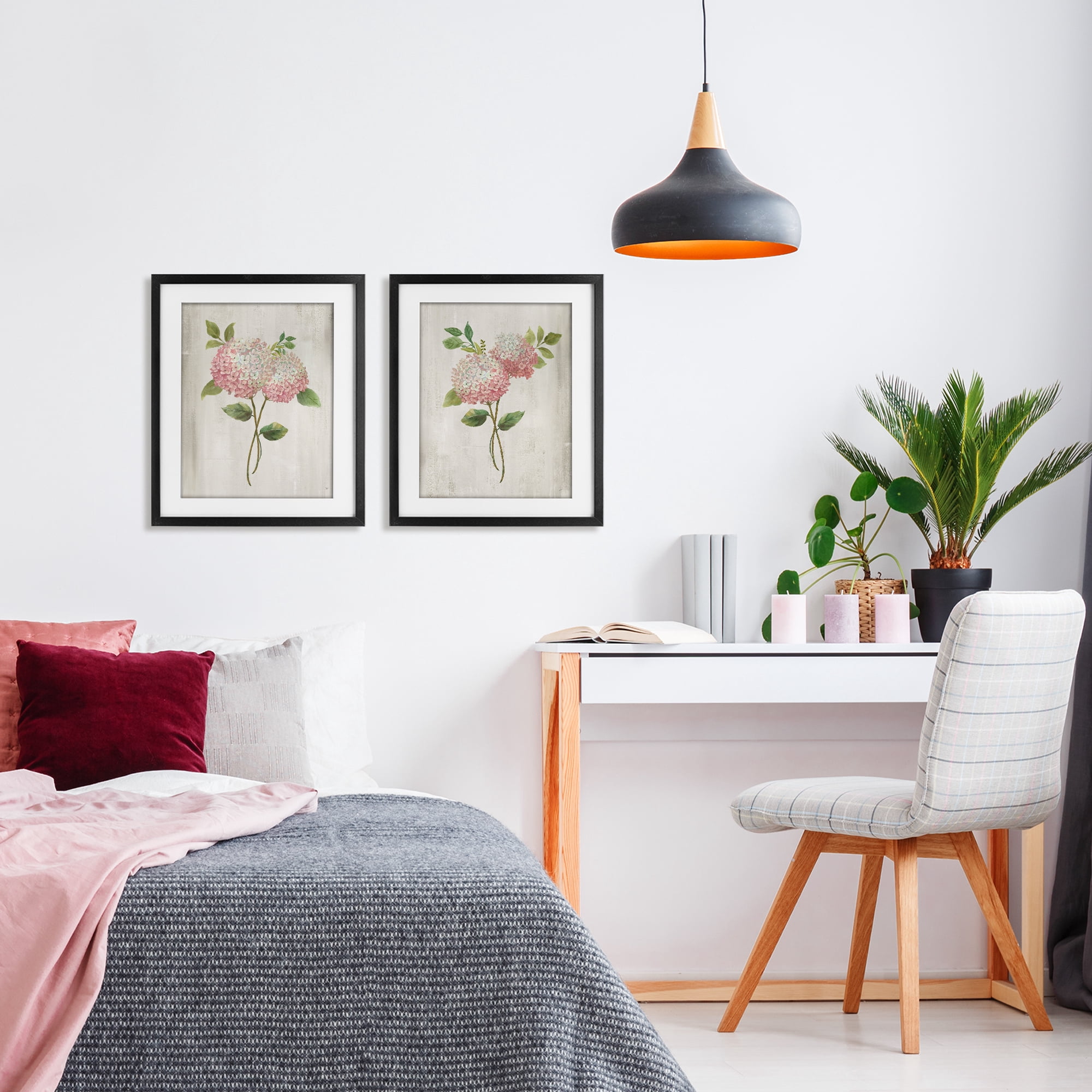 Stupell Industries Vintage Pink Hydrangea Pairs 2 Piece Black Framed Print Under Glass Set, design by Nan
