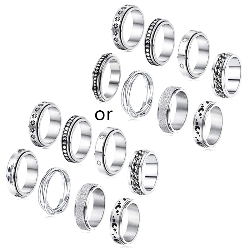 8 Pieces Stainless Steel Fidget Ring Swivel Ring Flower Moon Cool