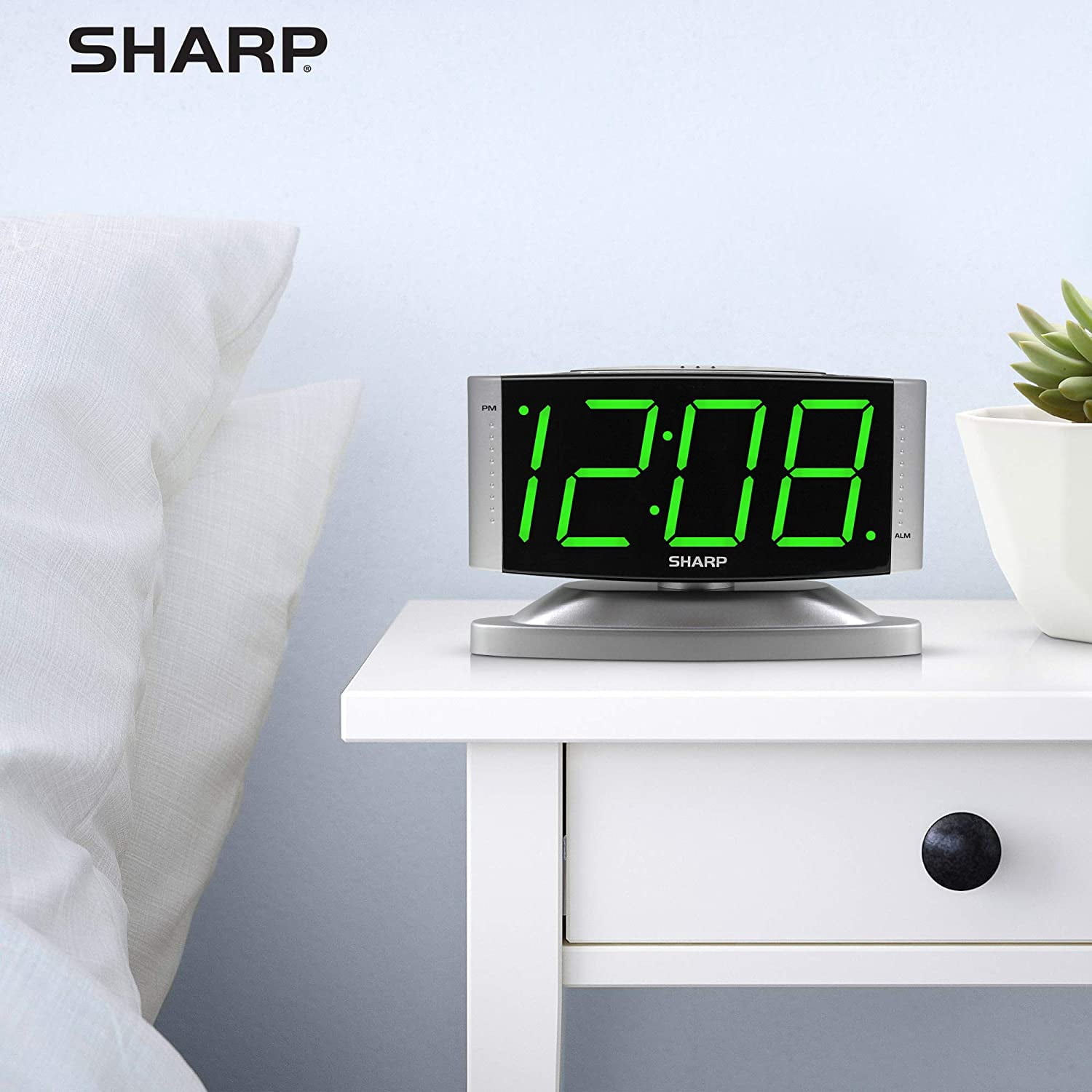 Home LED Digital Alarm Clock – Swivel Base - Outlet Powered, Simple Operation, Alarm, Snooze, Brightness Dimmer, Big Green Digit Display, Silver Case