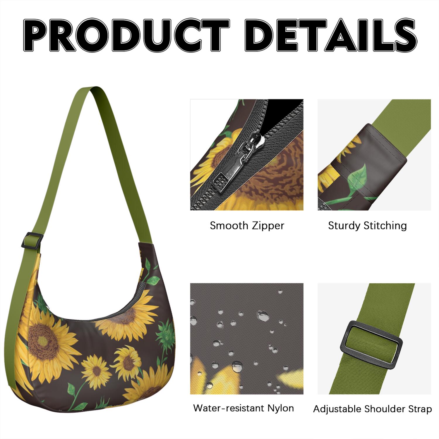 Casual Crossbody Purse for Women – Lightweight & Spacious, Boho Sunflower and Butterfly Floral Print, Rustic Vintage Country Style, Water-Resistant Durable Purse